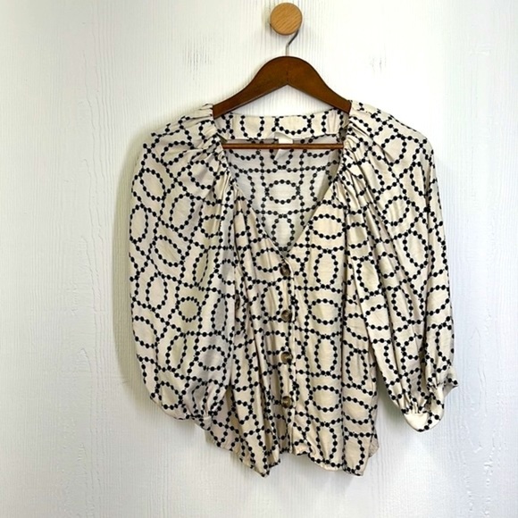H&M - Black And Ivory Design V Neck Button Down Puff Sleeves Top Size XXS - Picture 7 of 11